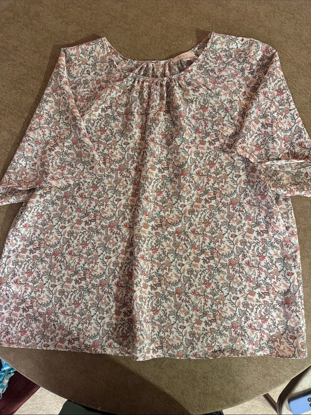 LOFT Pink Floral Gathered-Neck Blouse